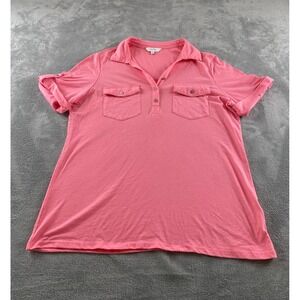 Coral Bay Womens XL Pink Short Sleeve Button Polo Shirt Chest Pockets Rolled Tab
